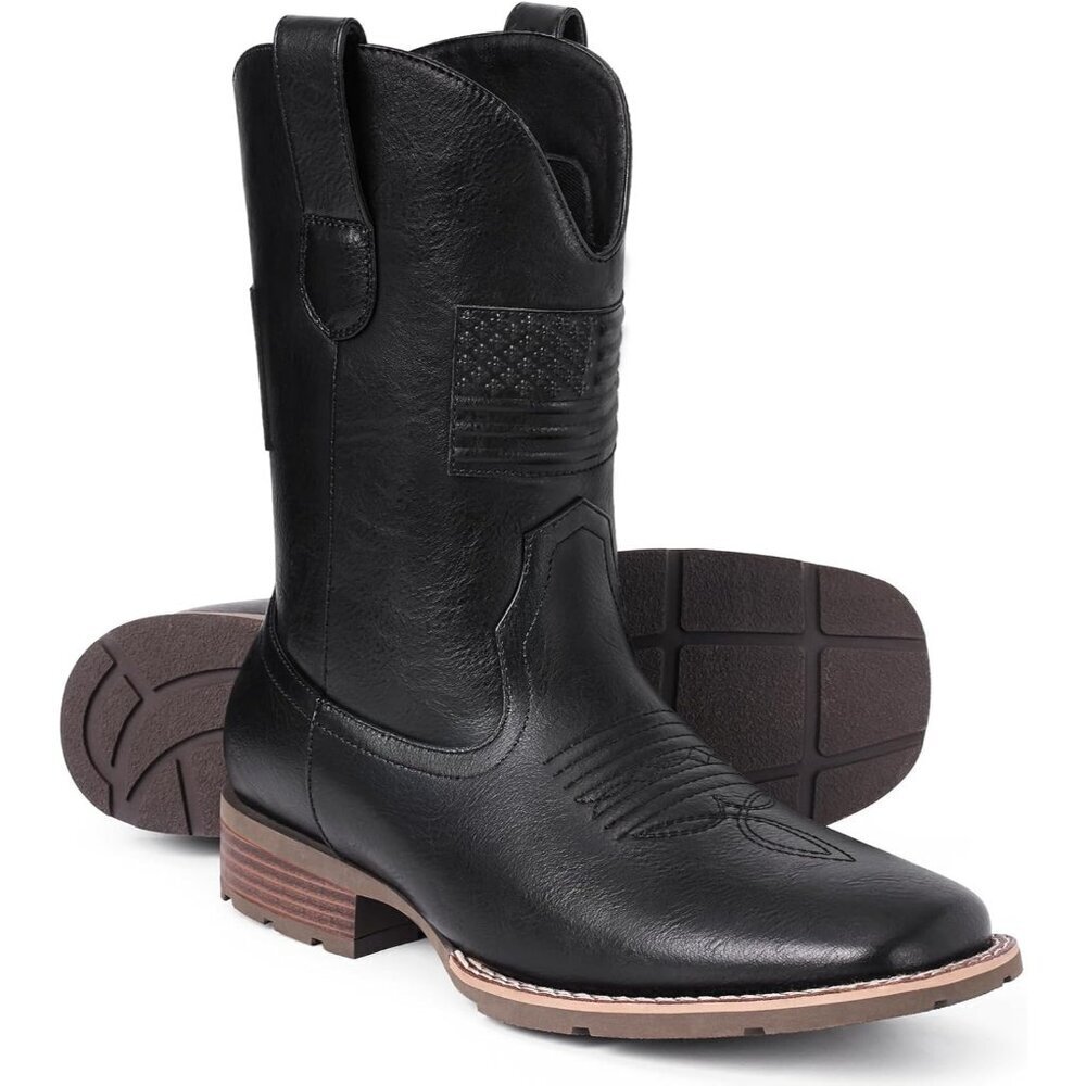 Men's Black Square Toe Western Cowgirl Boots With Flag Faux Leather Booties